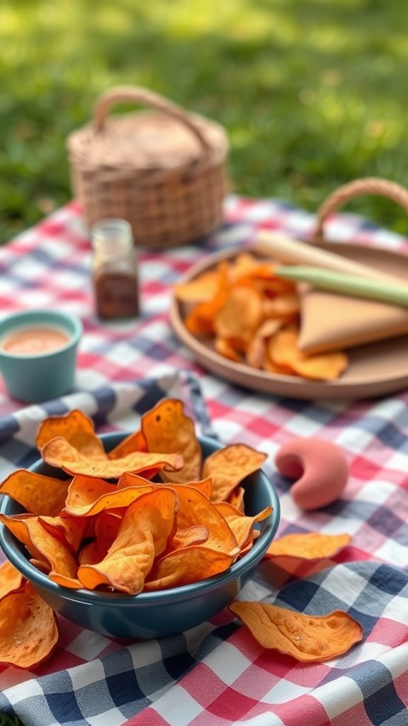 A bowl of sweet potato chips on a picnic blanket with a basket and dipping sauce in the background.