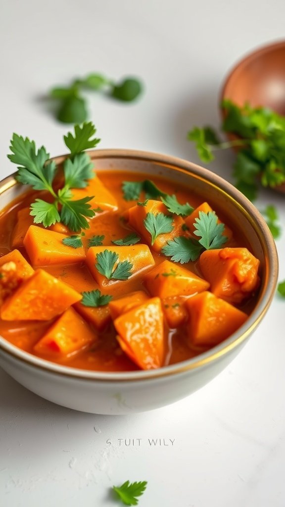 A bowl of sweet potato curry with cilantro on top