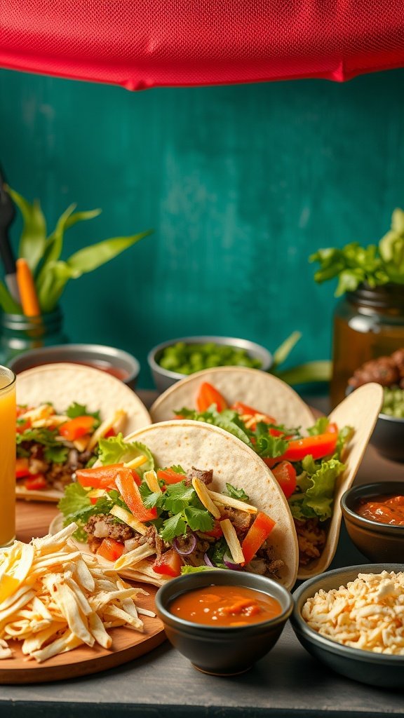 A colorful taco bar setup with tortillas, various toppings, and sides.