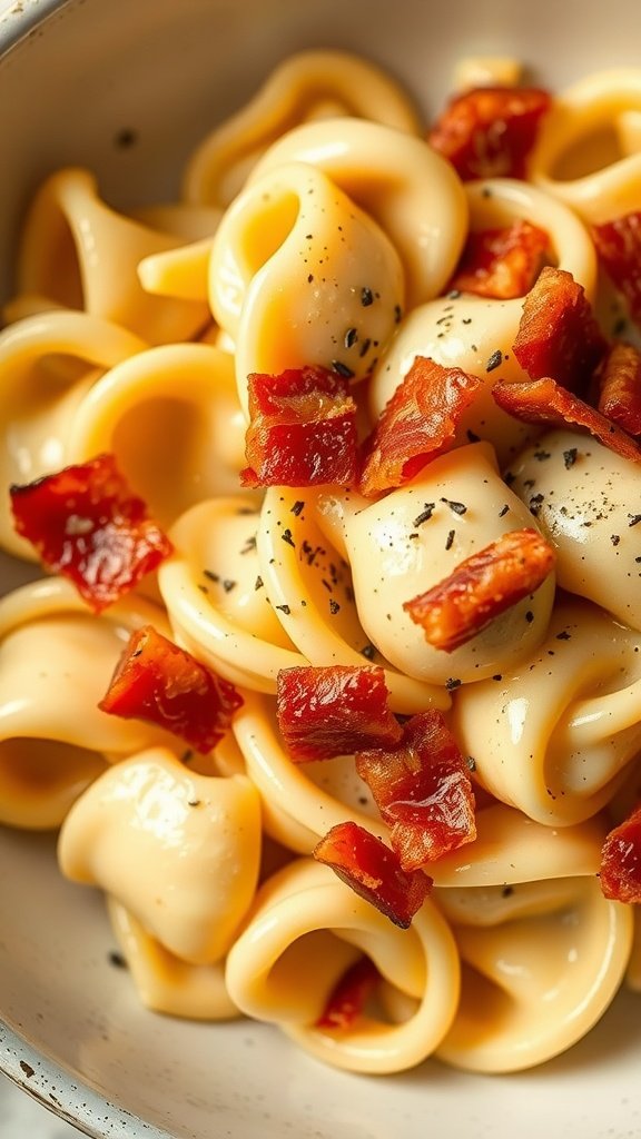 A bowl of tortellini carbonara with crispy bacon pieces and black pepper