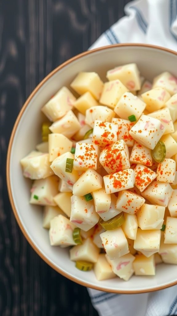 A bowl of potato salad with diced potatoes, creamy dressing, and paprika on top.