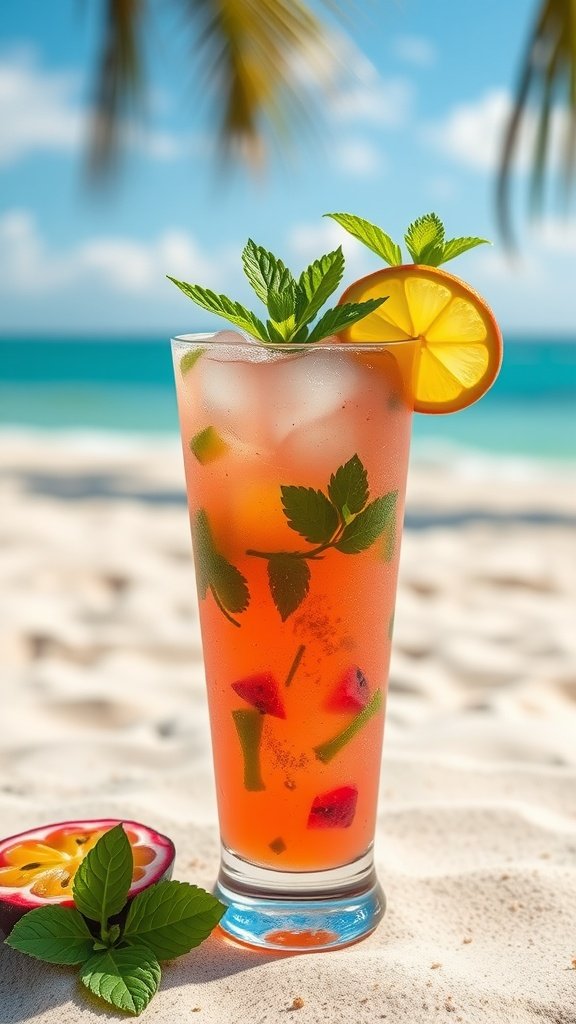 A Tropical Passionfruit Mojito in a tall glass with mint, lemon, and ice, set against a beach background.