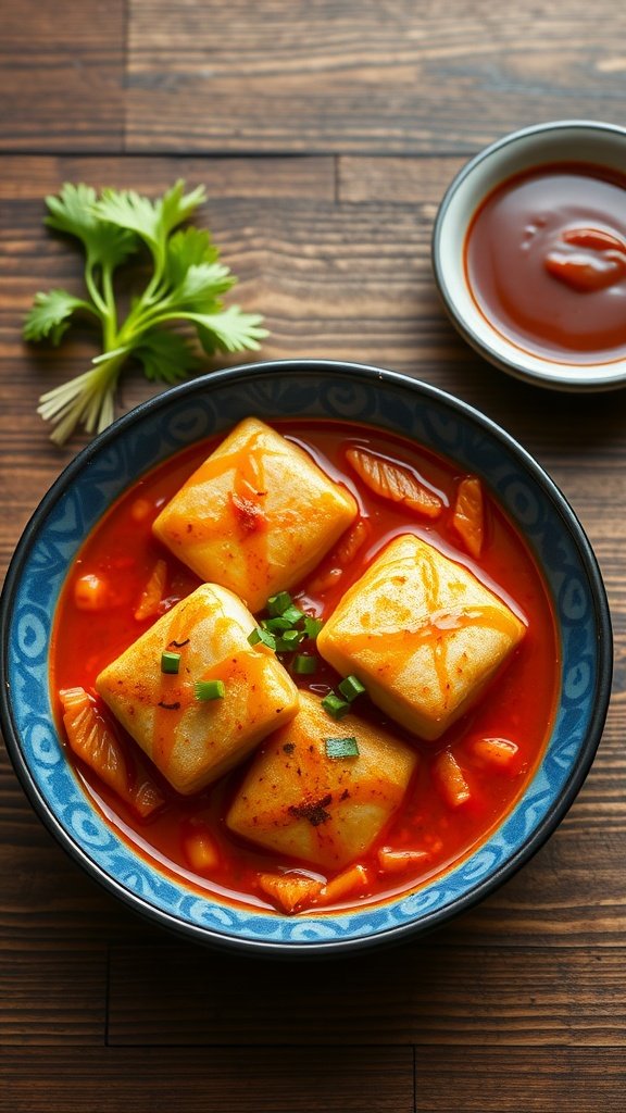 A bowl of tteokbokki with spicy rice cakes and green onions.