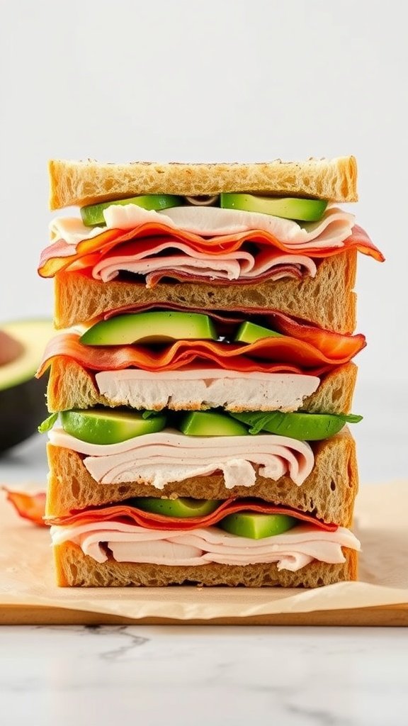 A stacked Turkey Avocado Club Sandwich with turkey slices, avocado, and vegetables between slices of whole grain bread.