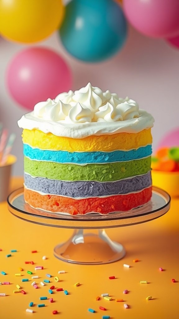 A colorful rainbow cake with layers of vibrant colors topped with whipped cream, surrounded by balloons.