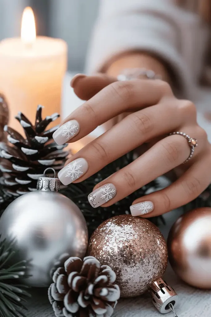 White nails with silver snowflake details and fine glitter, hand near frosted ornaments or pinecones. Soft winter light.
