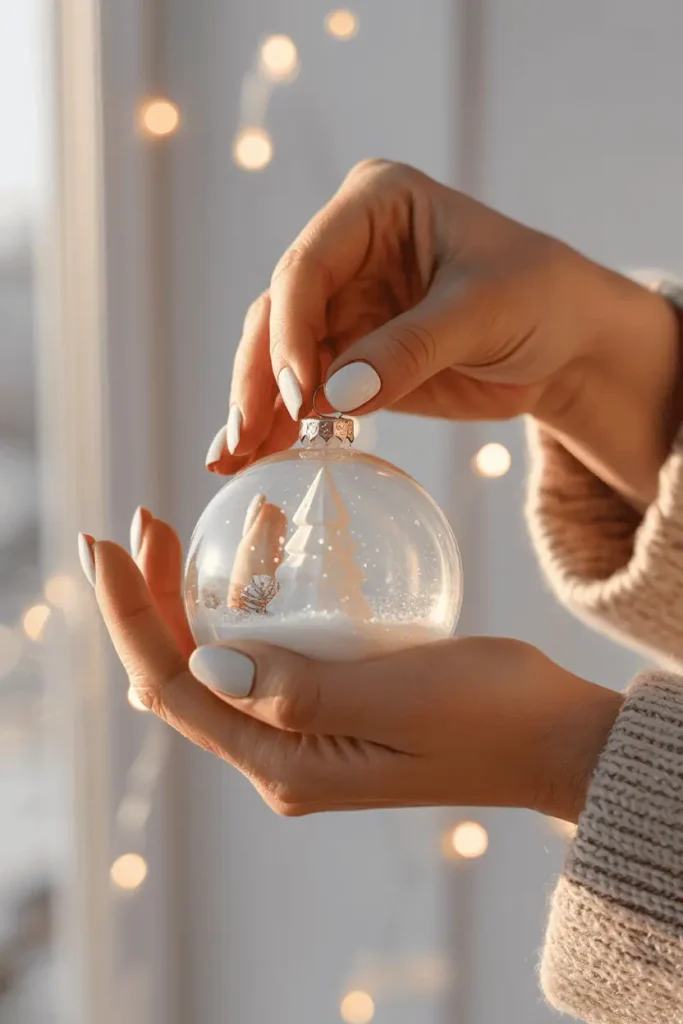 White shimmer nails holding a snow globe or glass ornament. Elegant, frosty background with warm sparkle lights.