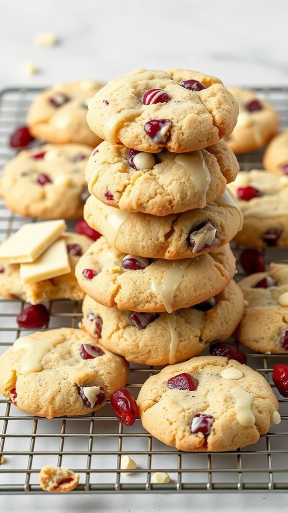 A stack of freshly baked white chocolate and cranberry cookies on a wire rack.