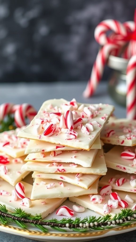 Delicious white chocolate peppermint bark stacked on a plate with crushed peppermint candies on top and candy canes in the background.